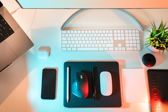 a-desk-with-a-keyboard-mouse-and-a-plant