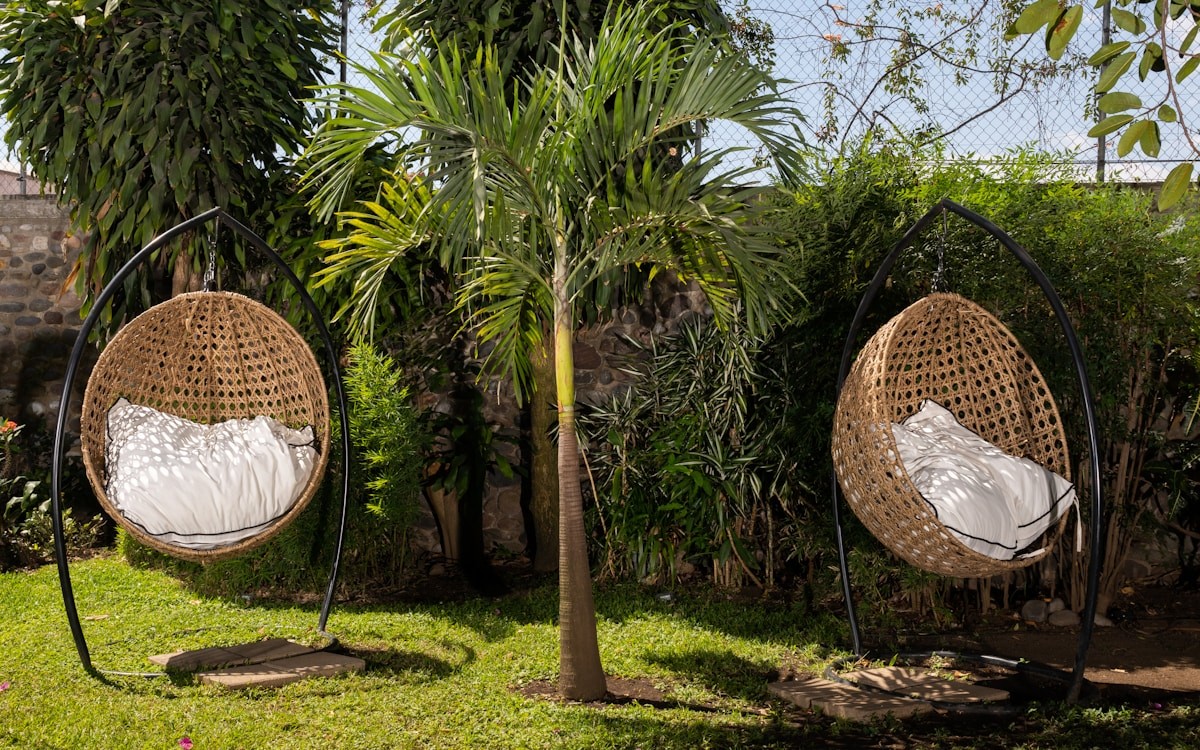 a couple of wicker baskets on a tree in a yard