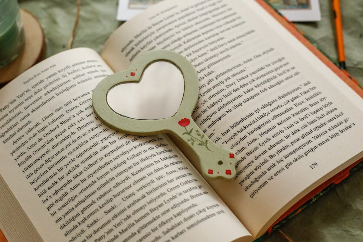 heart-shaped-mirror-on-open-book-with-text